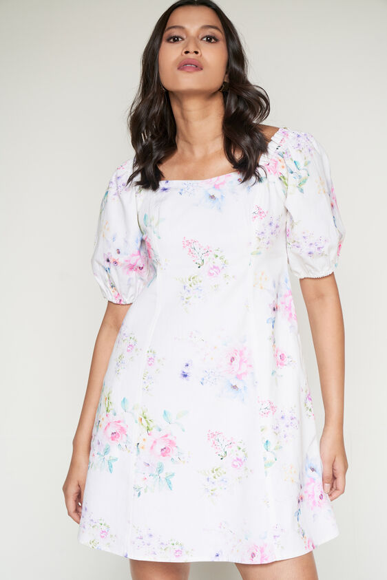 White Floral Straight Dress, White, image 1